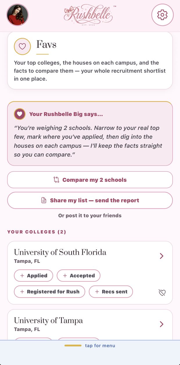 Favs: your colleges, with Applied, Accepted, Registered for Rush and Recs sent