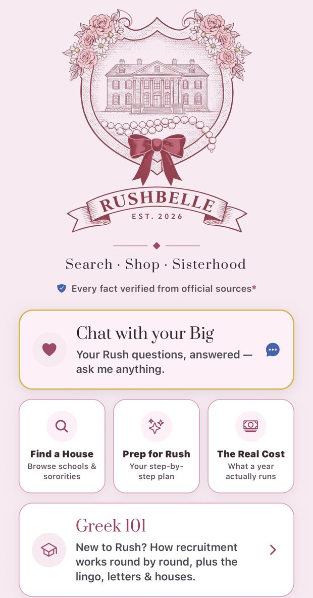 Rushbelle Home: Chat with your Big, Find a House, Prep for Rush, The Real Cost and Greek 101