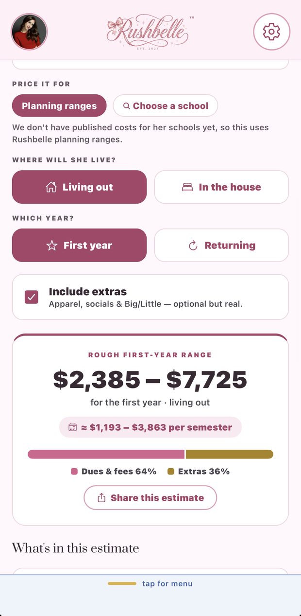 The Real Cost: a first-year range for living out or in the house, with or without extras, and a per-semester figure