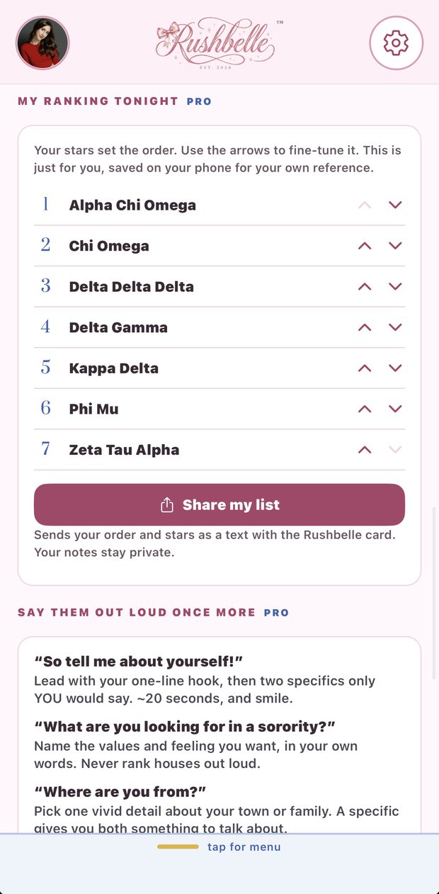 My ranking tonight screen