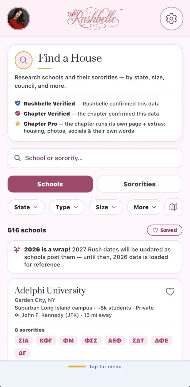 Find a House: 516 schools, with Rushbelle Verified, Chapter Verified and Chapter Pro marks